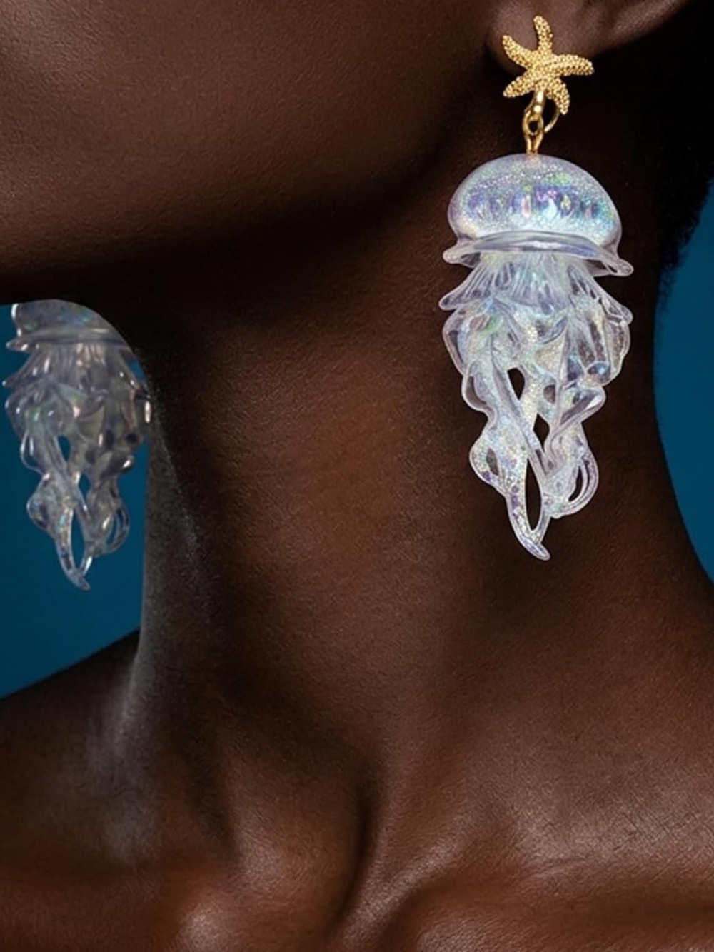 Anthropologie Iridescent Jellyfish Drop Earrings with Gold Starfish